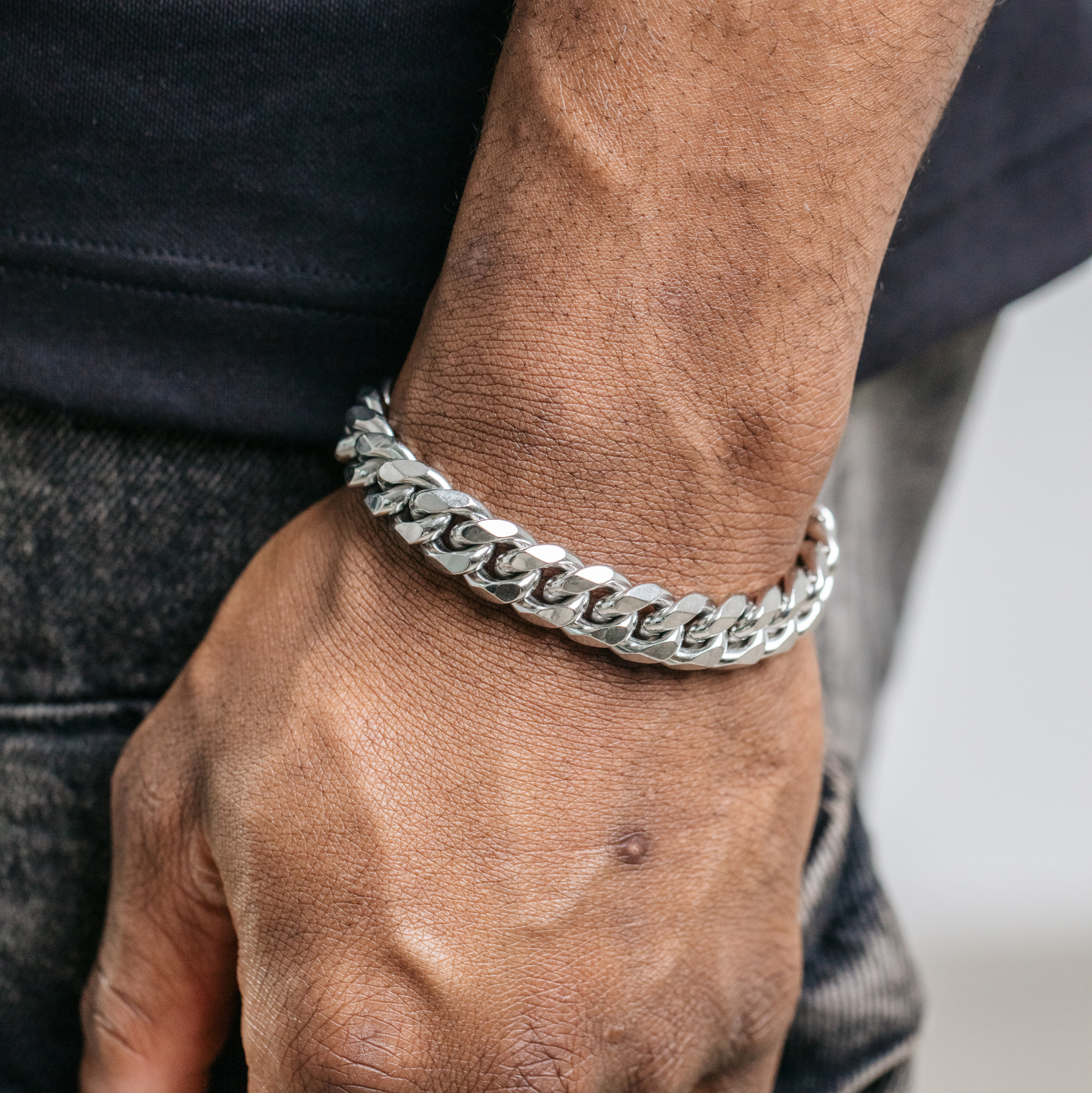 Miami Cuban Link Bracelet For Men - 12mm Grey Stainless Steel, Classic Chain, 8.66 Inches